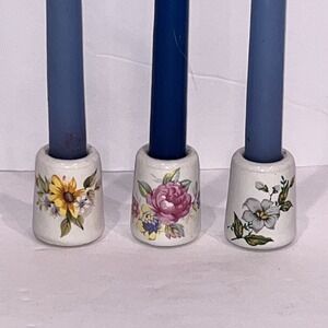Vintage 3‎ Porcelain Mini Candle Holders w/ Flowers Cottage Granny Trinket
